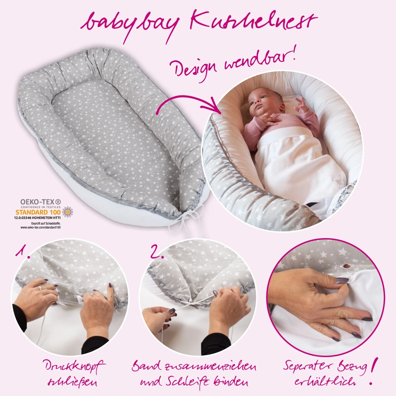 Babybay Kuschelnest Piqué, Weiß Sternemix Sand/beere 7 Babybay Kuschelnest Piqué, Weiß Sternemix Sand/beere – Bild 5