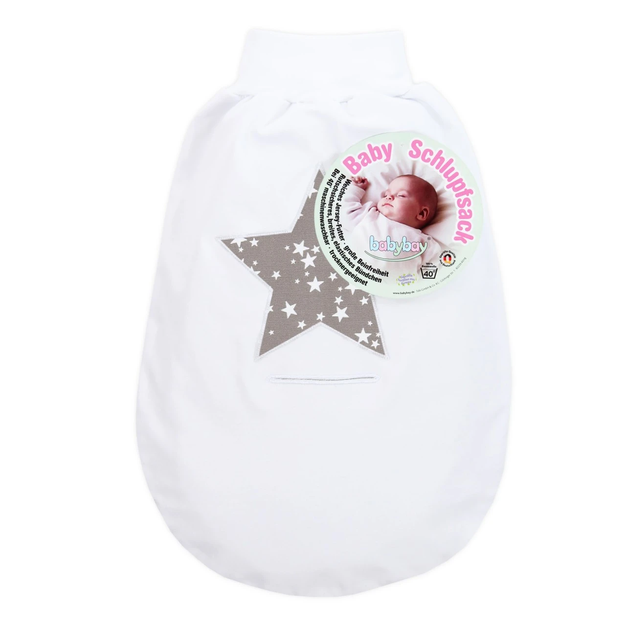 Babybay Schlupfsack Organic Cotton Mit Gurtschlitz, Weiß Applikation Stern Taupe Sterne Weiß 3 Babybay Schlupfsack Organic Cotton Mit Gurtschlitz, Weiß Applikation Stern Taupe Sterne Weiß